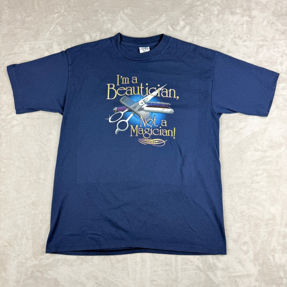 VTG Cal Cru Graphic Tee Beautician Not A Magician Adult L Navy 90s USA Humor
